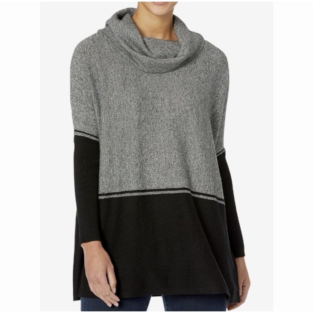Smartwool Edgewood Poncho Sweater M Gray Black Merino Wool Cowl Neck